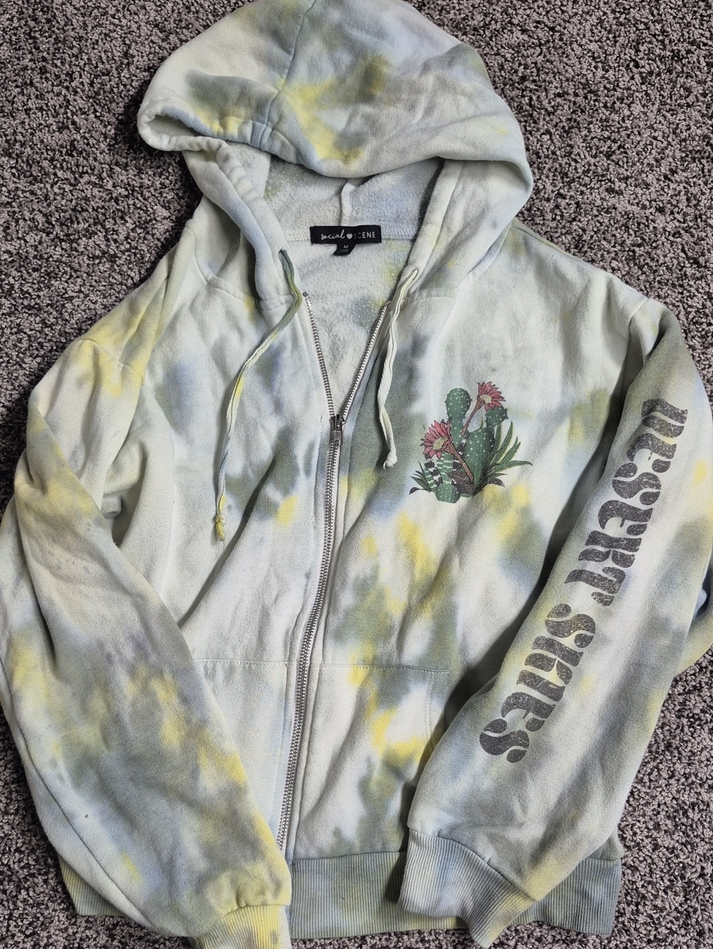 SocialyteNE Tie-Dye Zip Hoodie with Cactus Graphic